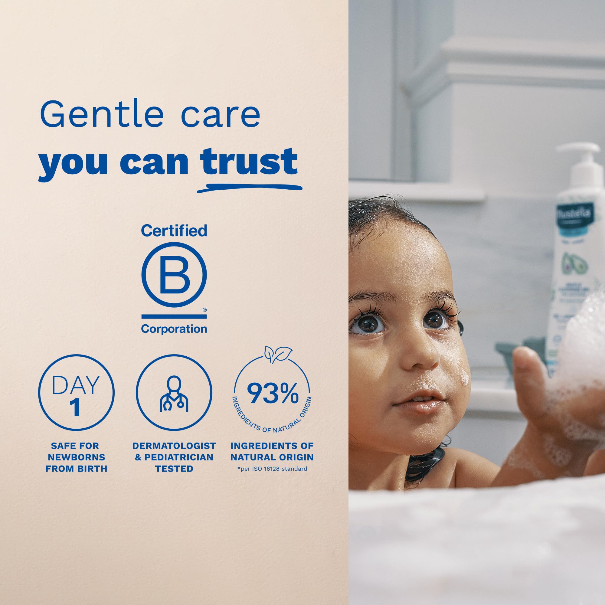 Mustela biodegradable formula label emphasizing eco-friendly care.