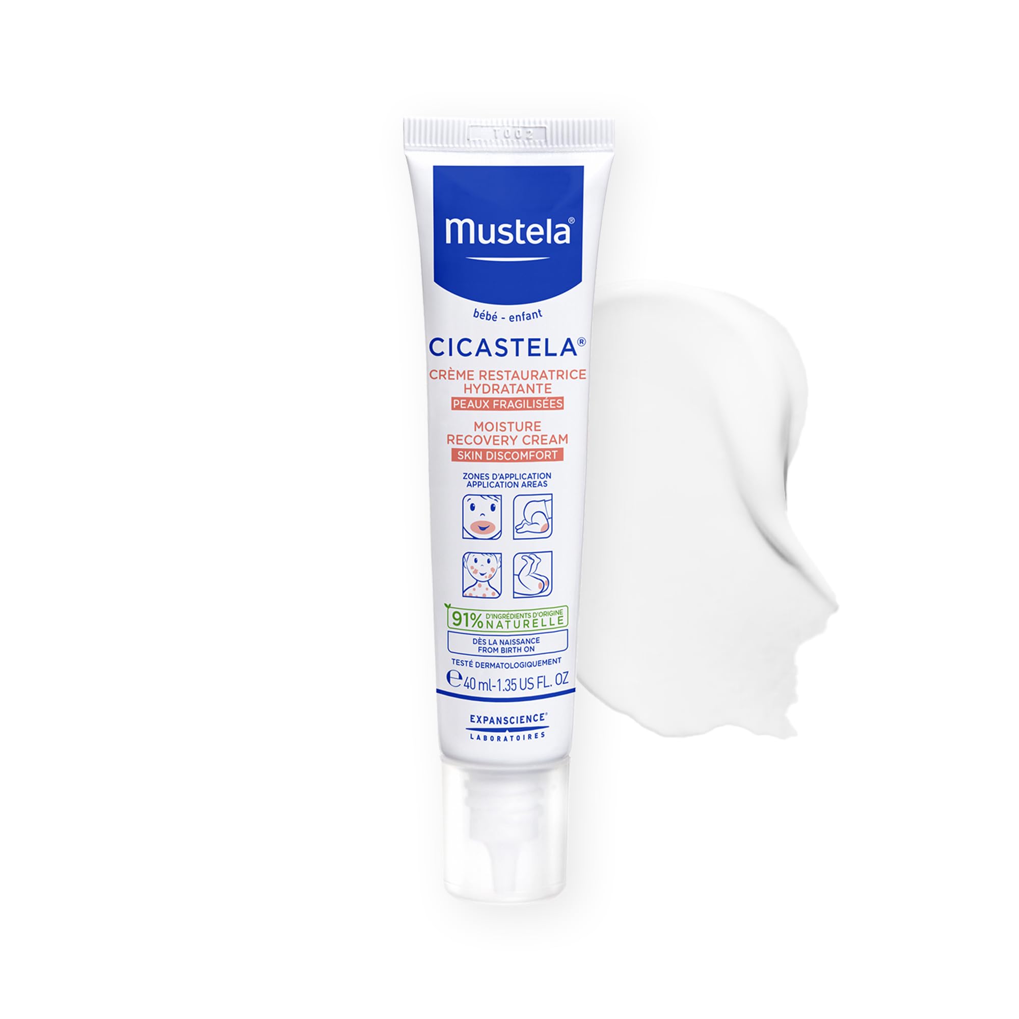 Mustela Cicastela Moisture Recovery Cream tube closeup, fragrance-free relief for baby skin.