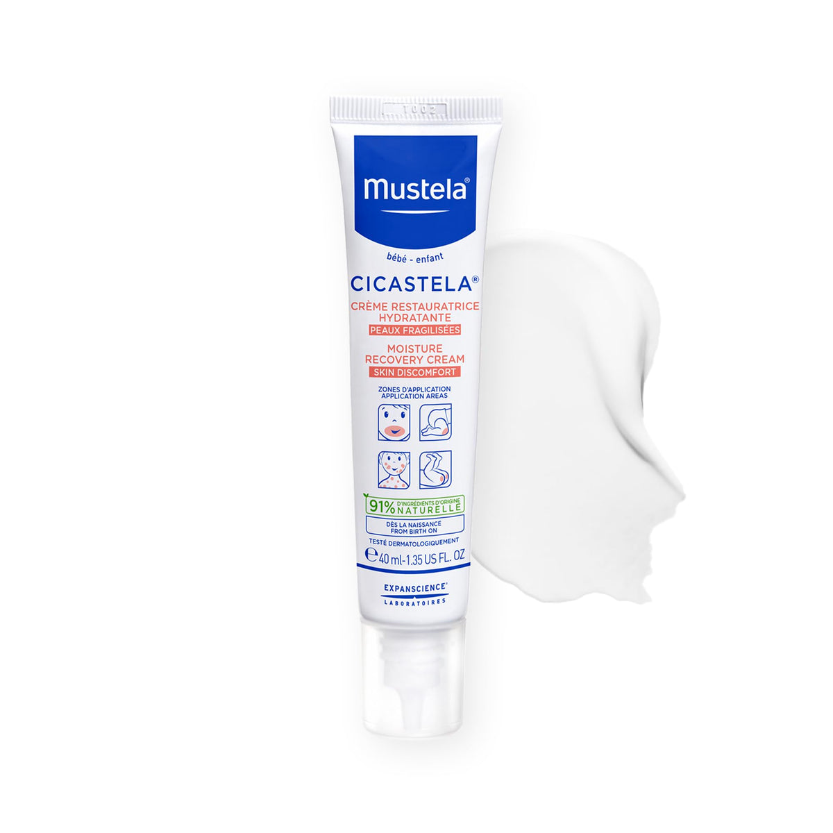 Mustela Cicastela Moisture Recovery Cream tube closeup, fragrance-free relief for baby skin.
