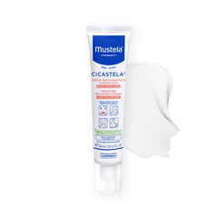 Mustela Cicastela Moisture Recovery Cream tube closeup, fragrance-free relief for baby skin.