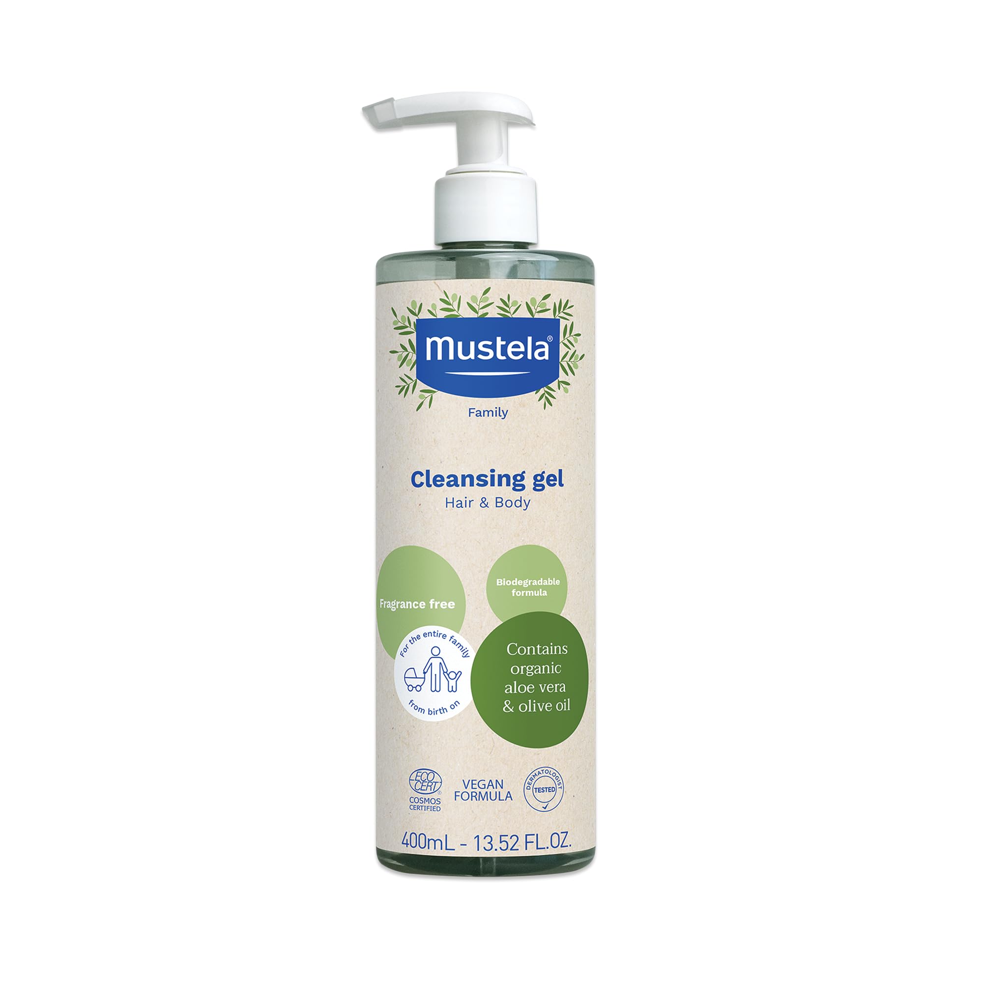 Mustela Cleansing Gel bottle pour demonstrates gentle lather for sensitive skin.