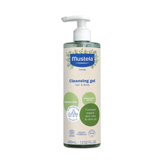 Mustela Cleansing Gel bottle pour demonstrates gentle lather for sensitive skin.