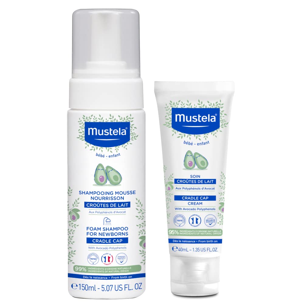 Mustela Cradle Cap Bundle foam shampoo for newborns cleanses delicate scalp and reduces flakes