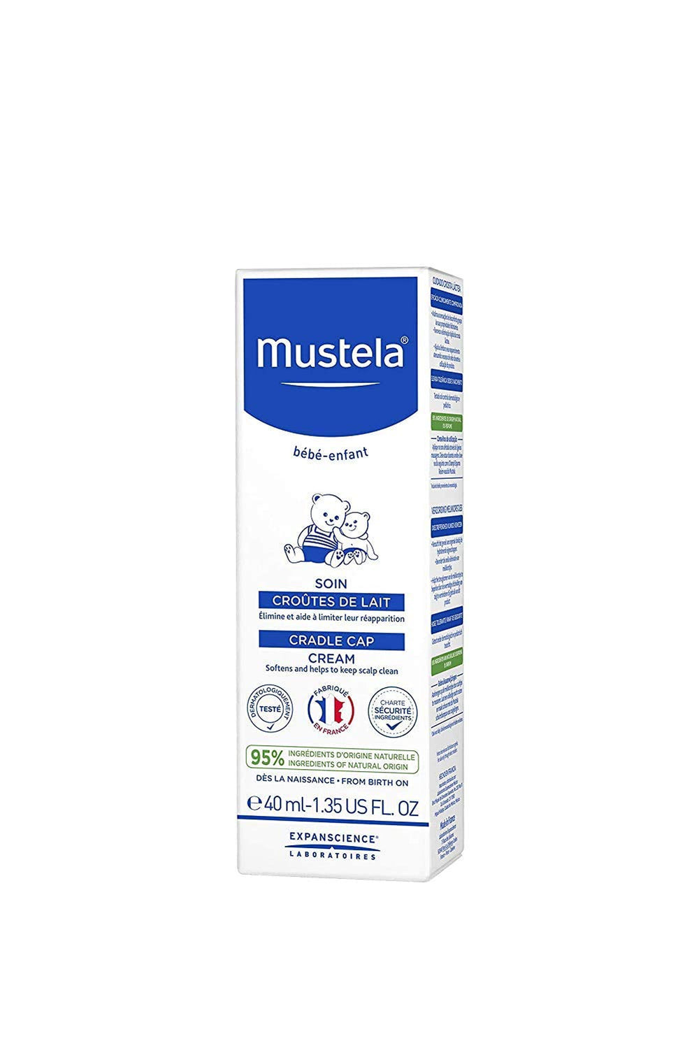 Mustela cradle cap brush shown alongside cream for flaky skin.
