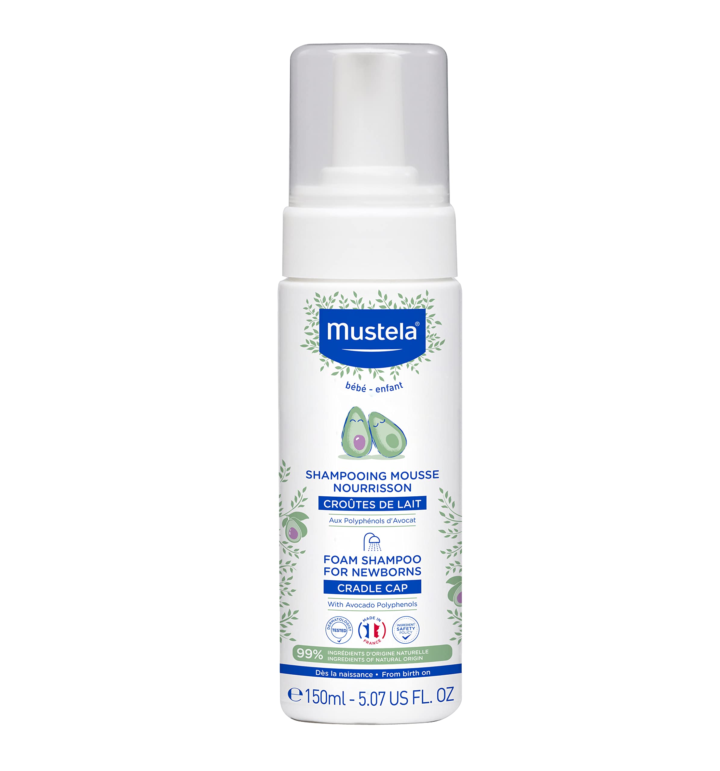 Mustela cradle cap foam shampoo for newborn pump—gentle cleansing during bath time.