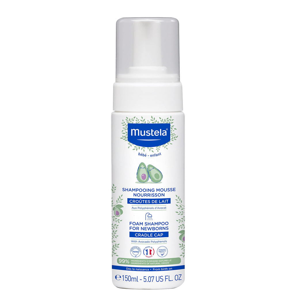 Mustela cradle cap foam shampoo for newborn pump—gentle cleansing during bath time.