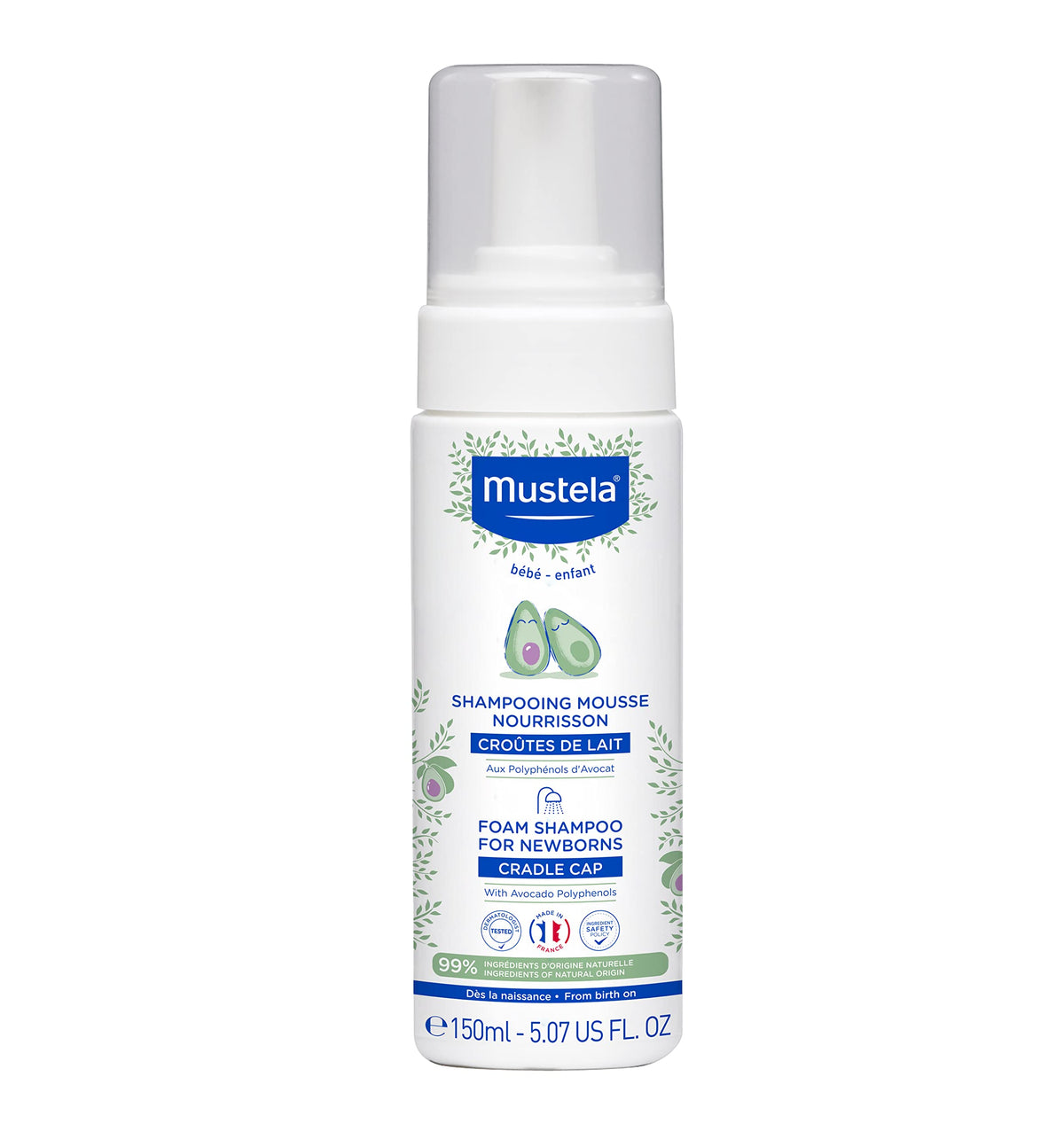 Mustela cradle cap foam shampoo for newborn pump—gentle cleansing during bath time.