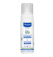 Mustela cradle cap foam shampoo for newborn pump—gentle cleansing during bath time.