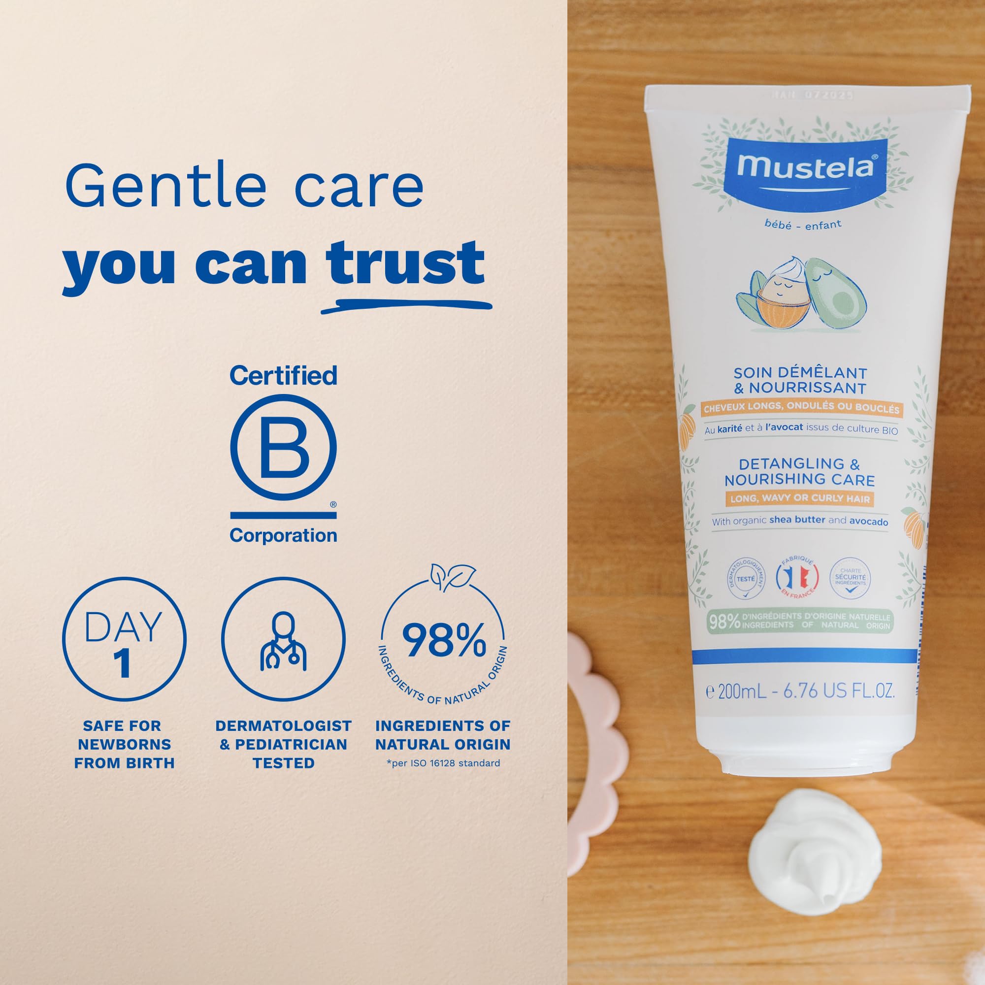 Mustela detangling conditioner close-up on soft, shiny child hair.