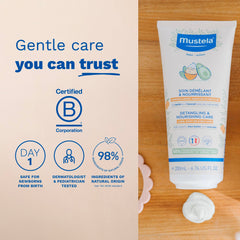 Mustela detangling conditioner close-up on soft, shiny child hair.