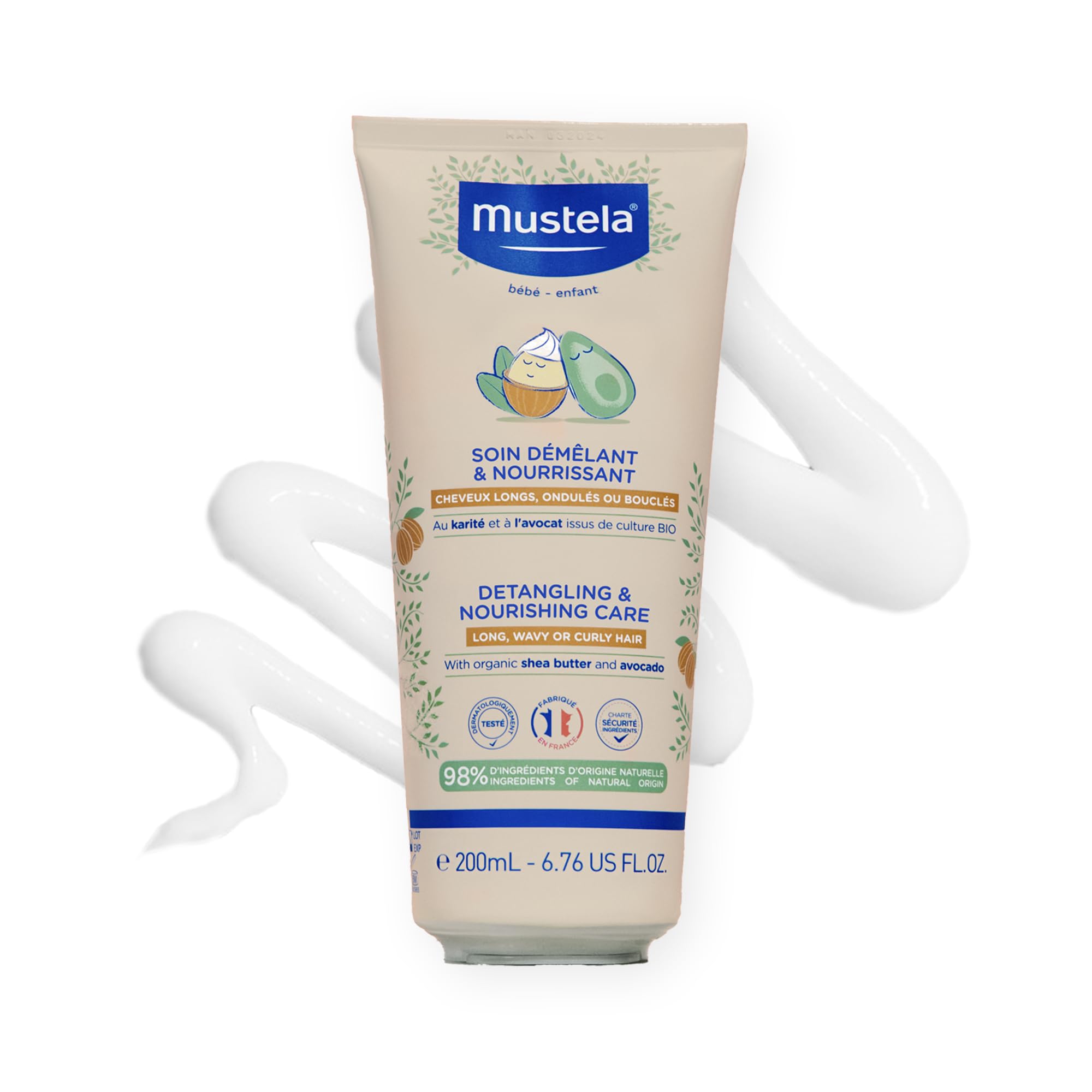 Mustela detangling-nourishing-conditioner bottle aids gentle detangling for kids.