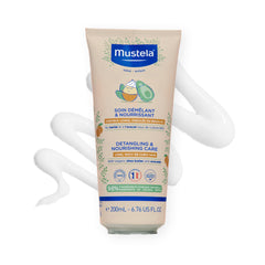 Mustela detangling-nourishing-conditioner bottle aids gentle detangling for kids.