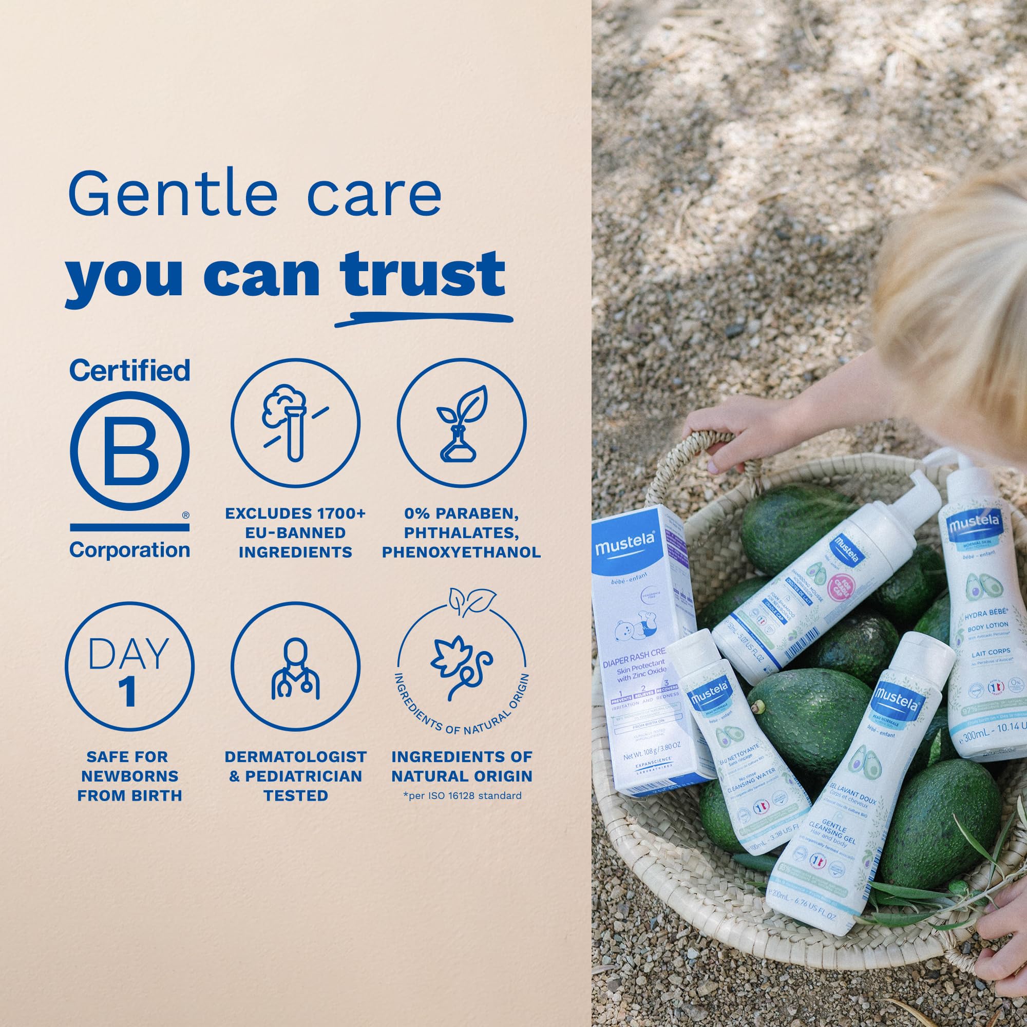 Mustela diaper rash cream 1-2-3 protects and soothes.