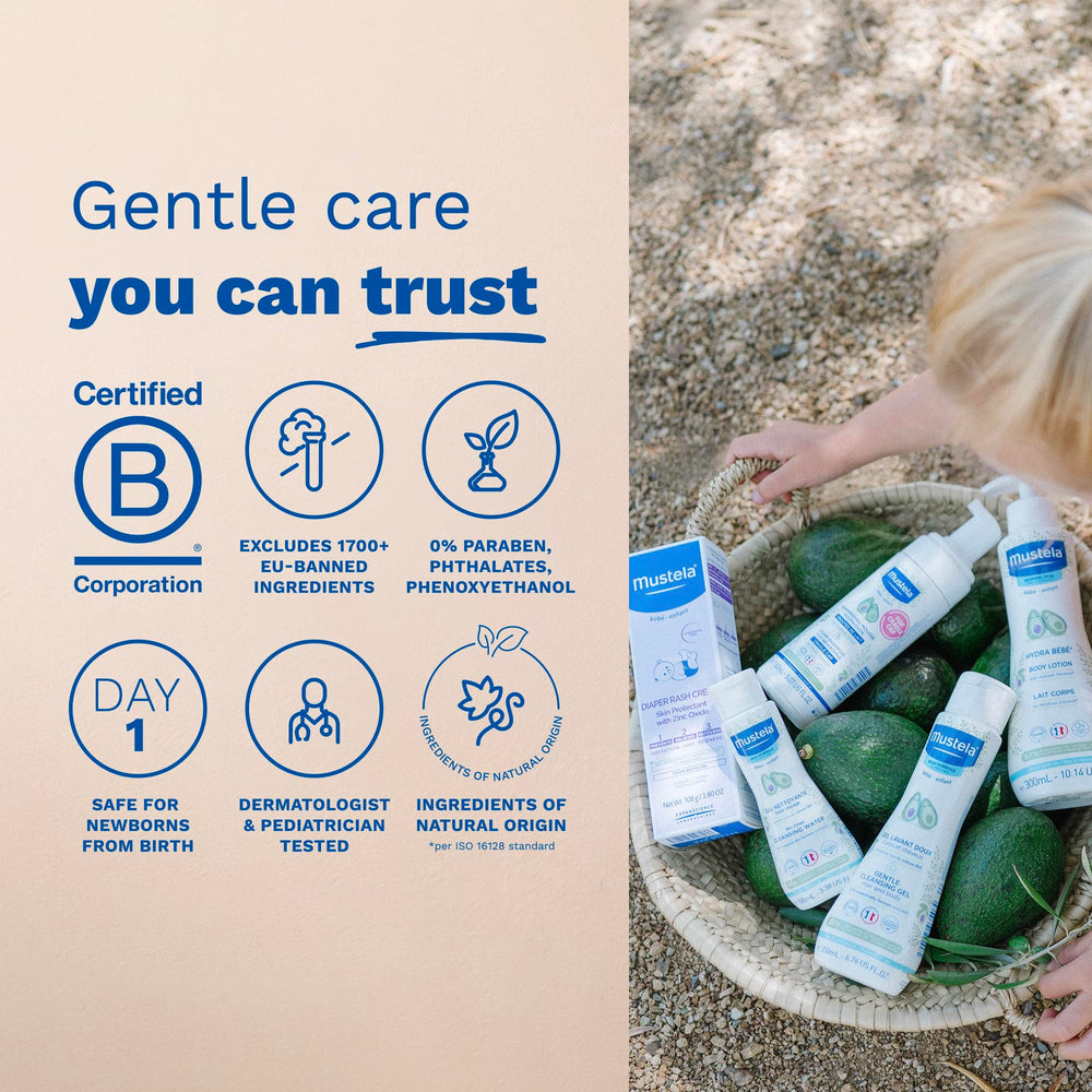 Mustela diaper rash cream 1-2-3 protects and soothes.