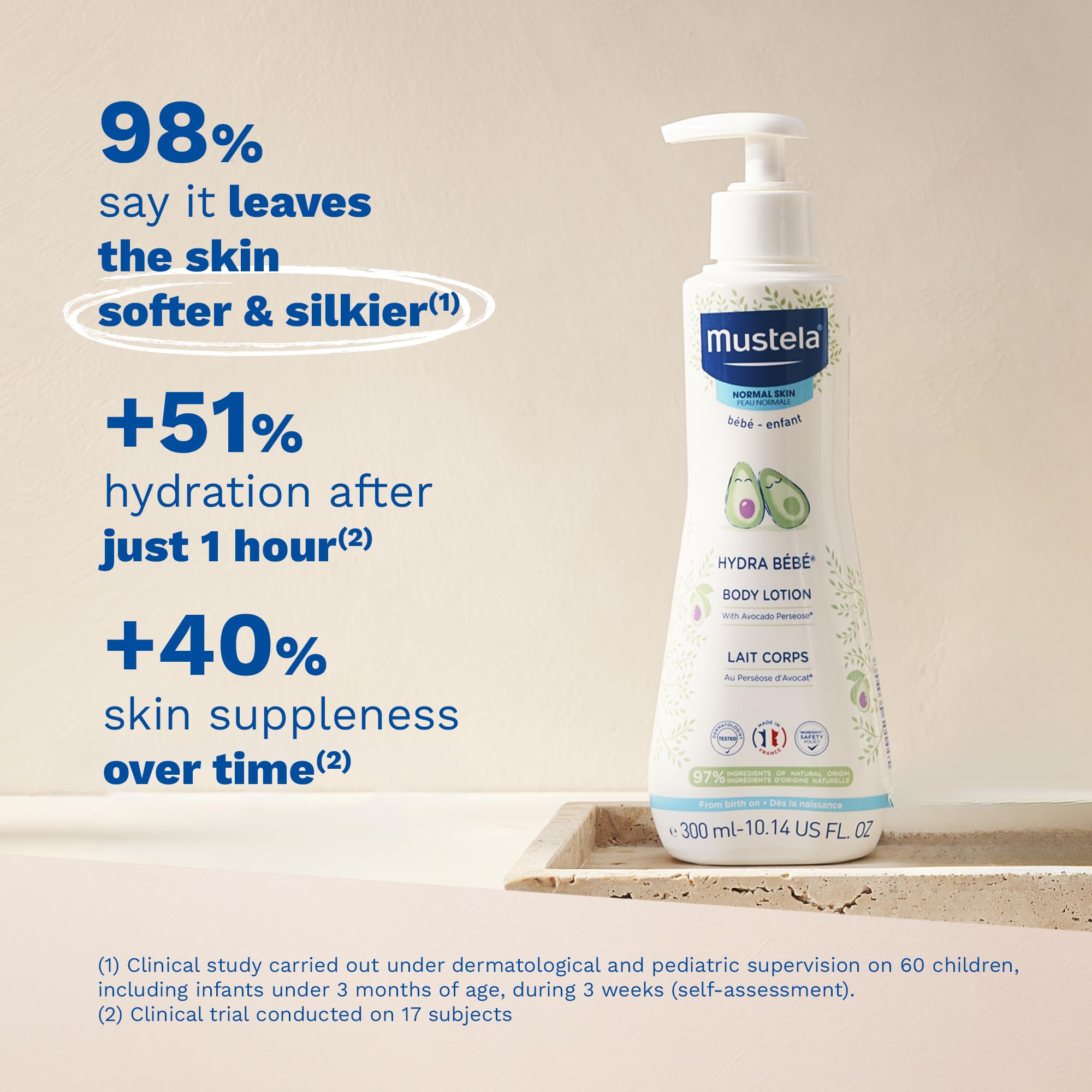 Mustela Hydra Bebe newborn application demonstrates gentle spreading on delicate skin