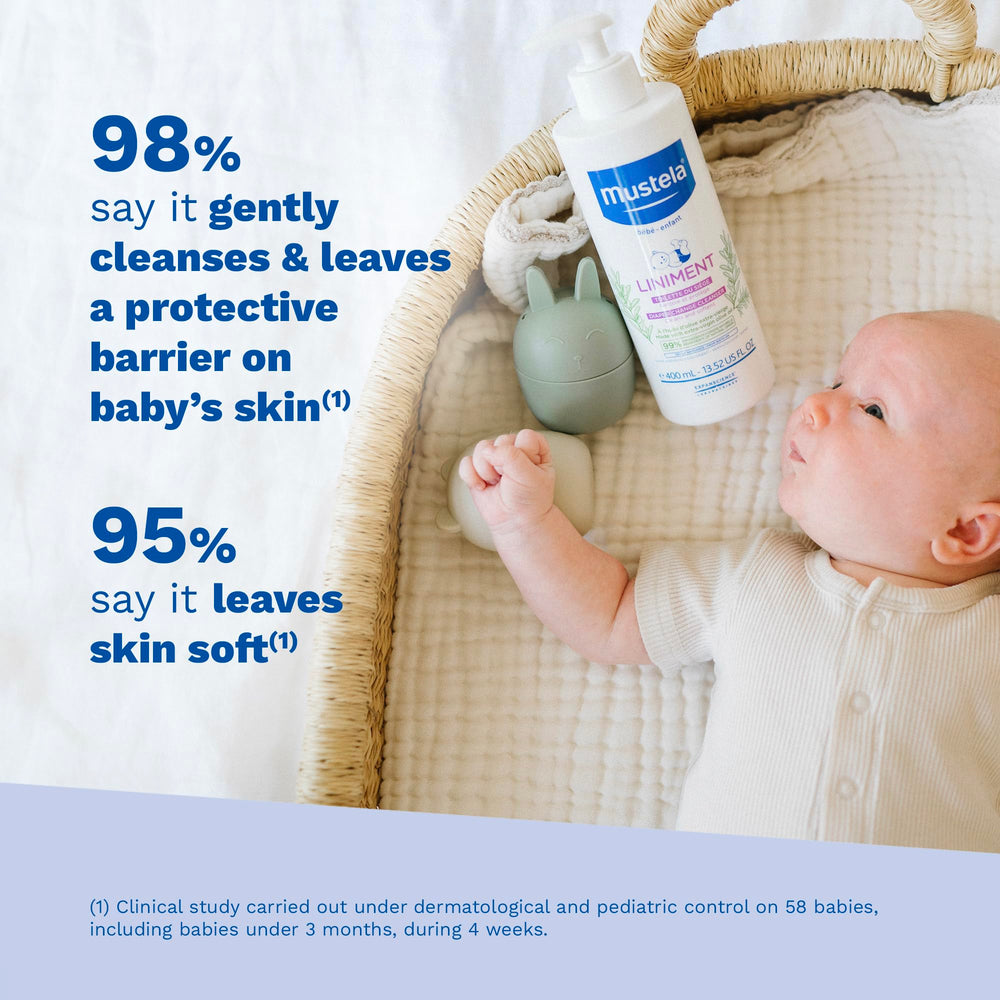Mustela Liniment fragrance-free formula supports sensitive skin comfort.