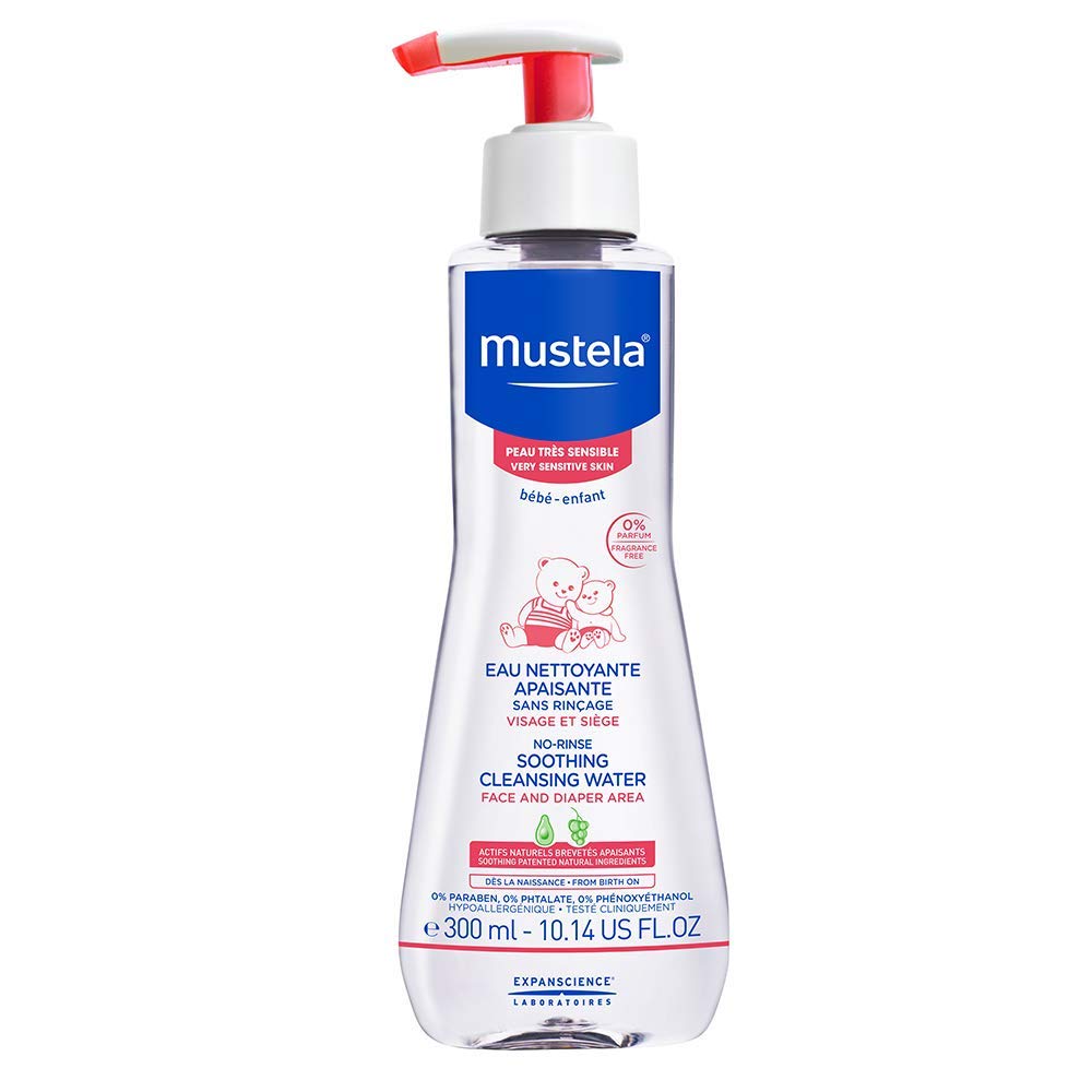 Mustela No-Rinse Cleansing Water bottle for gentle on-the-go cleansing.