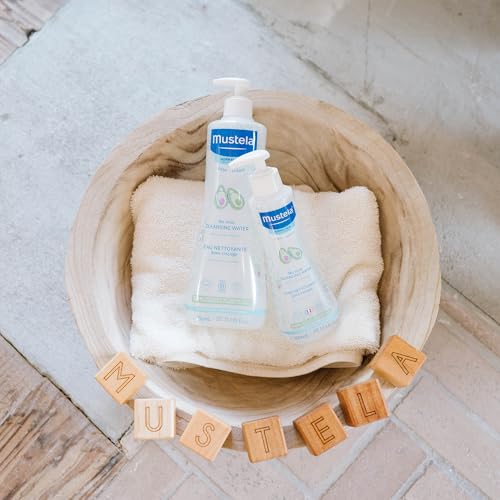 Mustela No-Rinse Micellar Water cleanses baby face without rinsing.