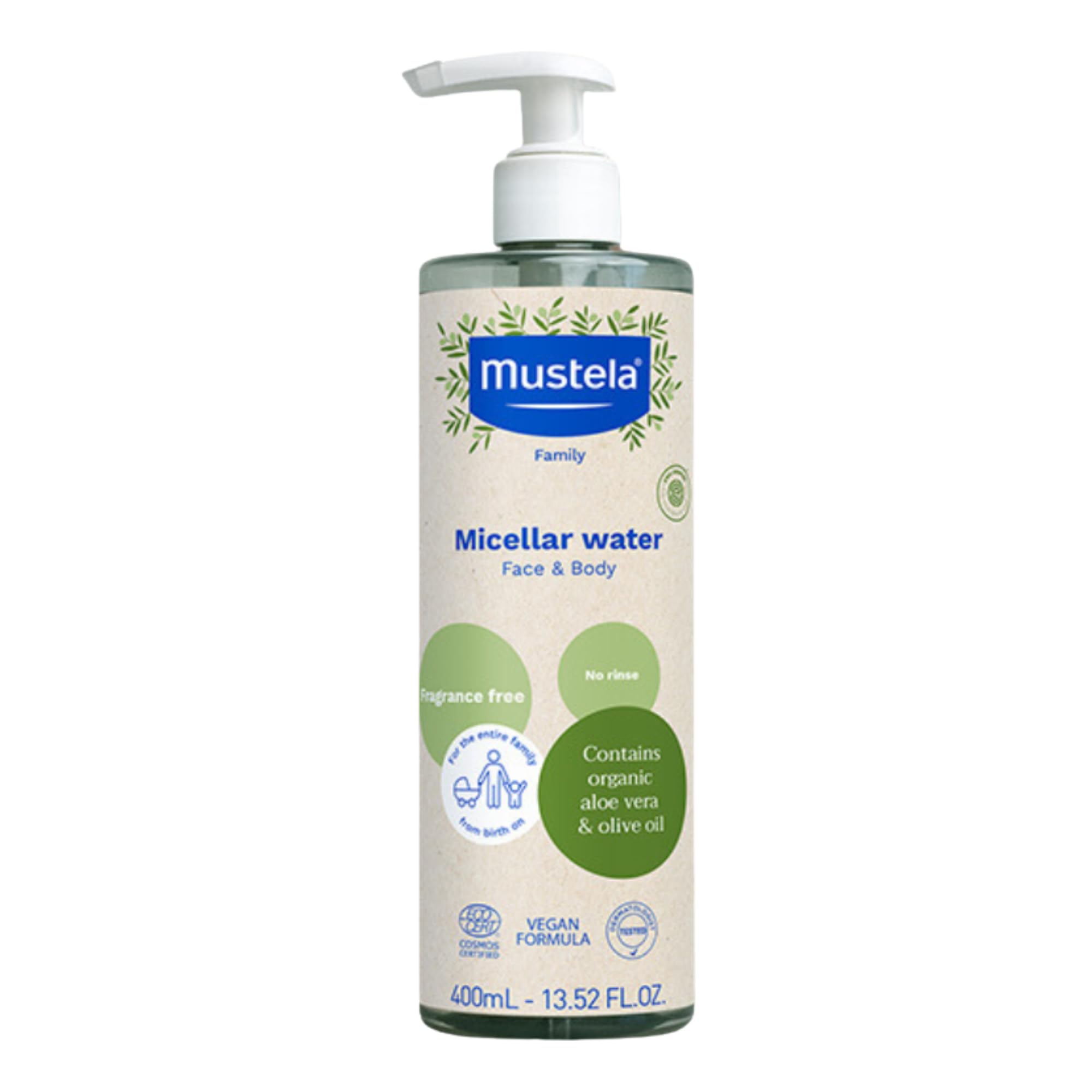Mustela Organic Micellar Water bottle shown for gentle, no rinse cleansing