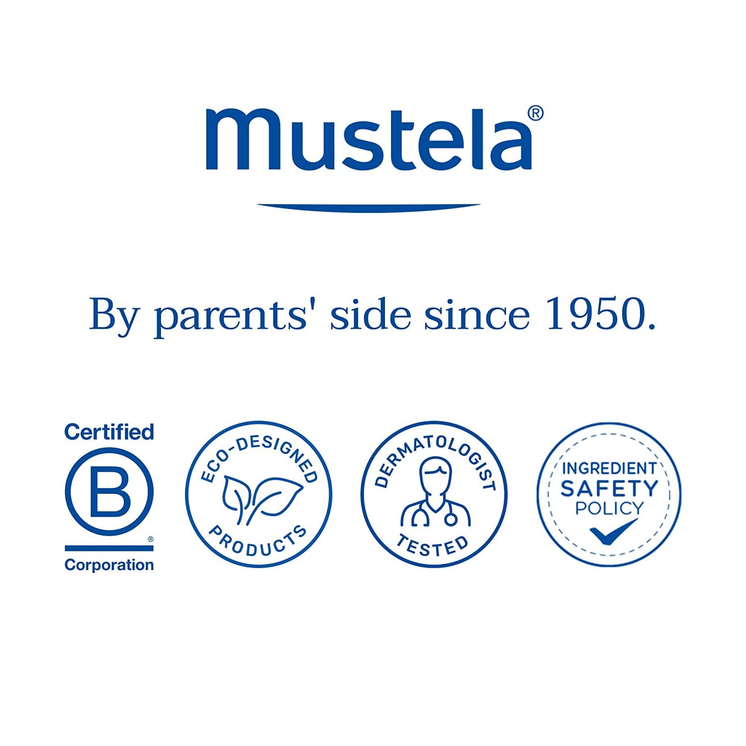 Mustela pediatric dermatological testing icon shows clinical backing.