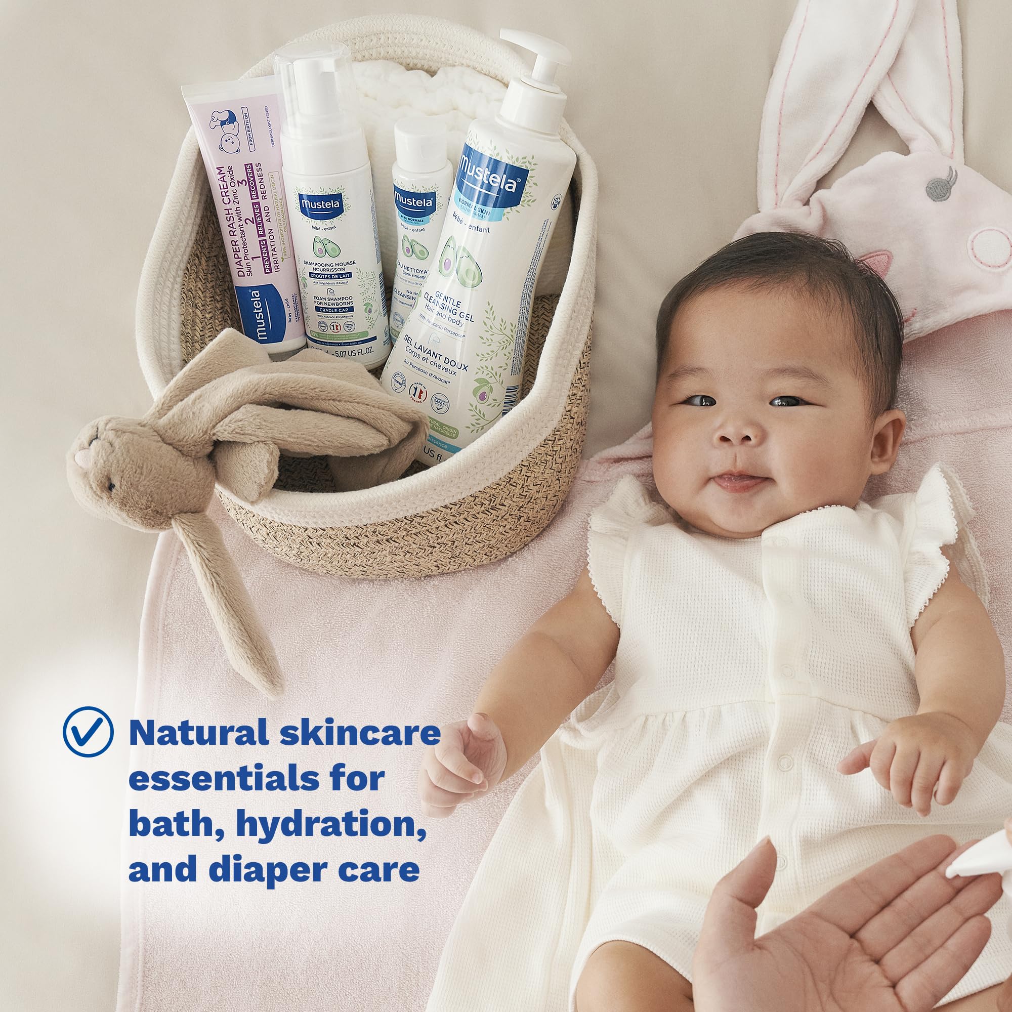 Mustela plant-based formulas support gentle newborn skincare routines.