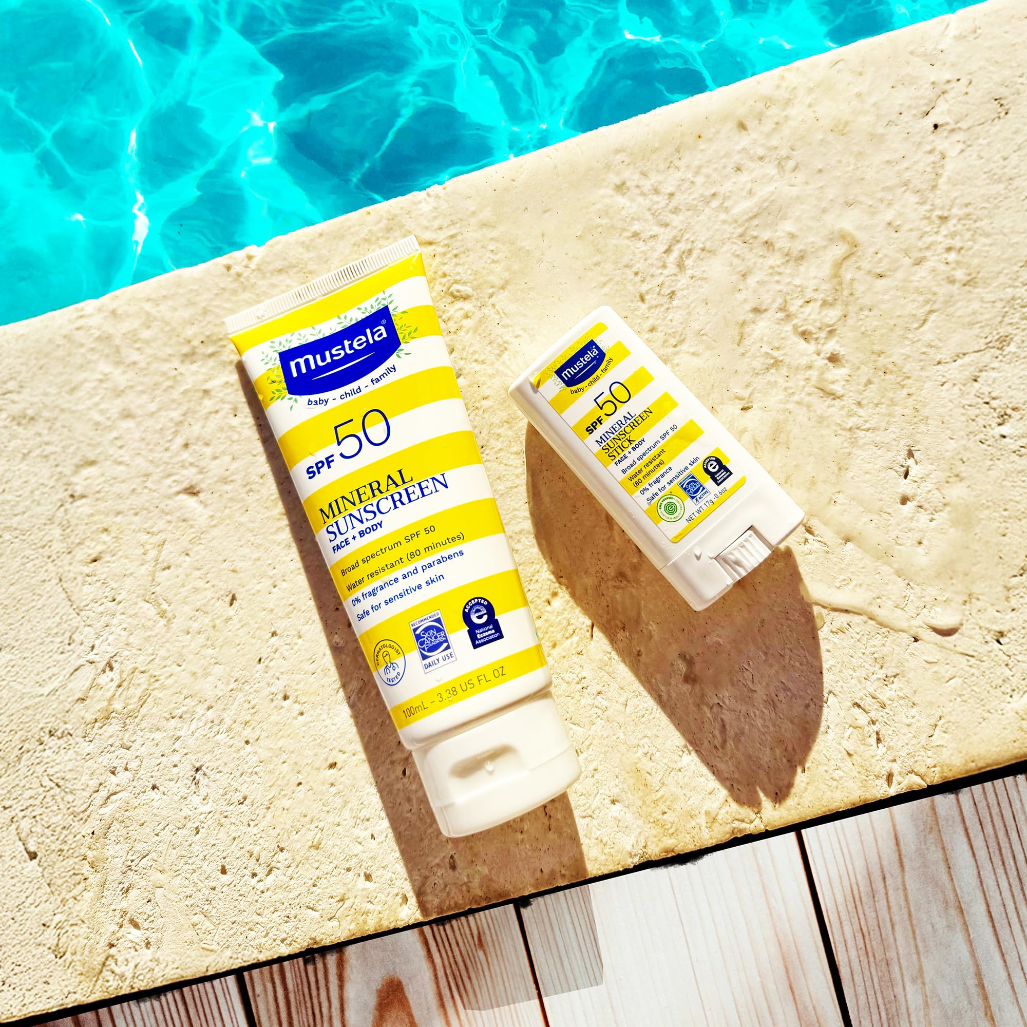 Mustela shea butter and avocado oil nourish skin while shielding from sun.