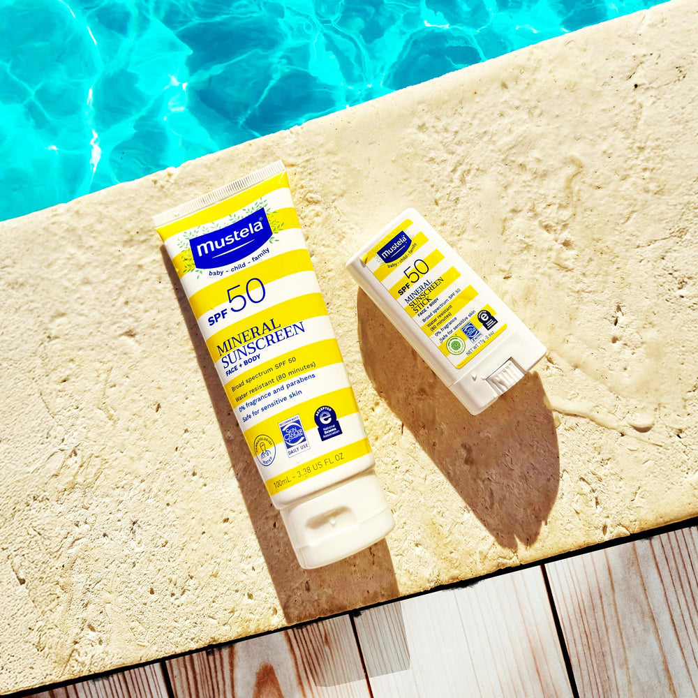 Mustela shea butter and avocado oil nourish skin while shielding from sun.
