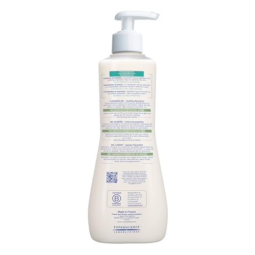 Mustela Stelatopia creamy-gel-texture highlights gentle daily cleansing for sensitive skin.