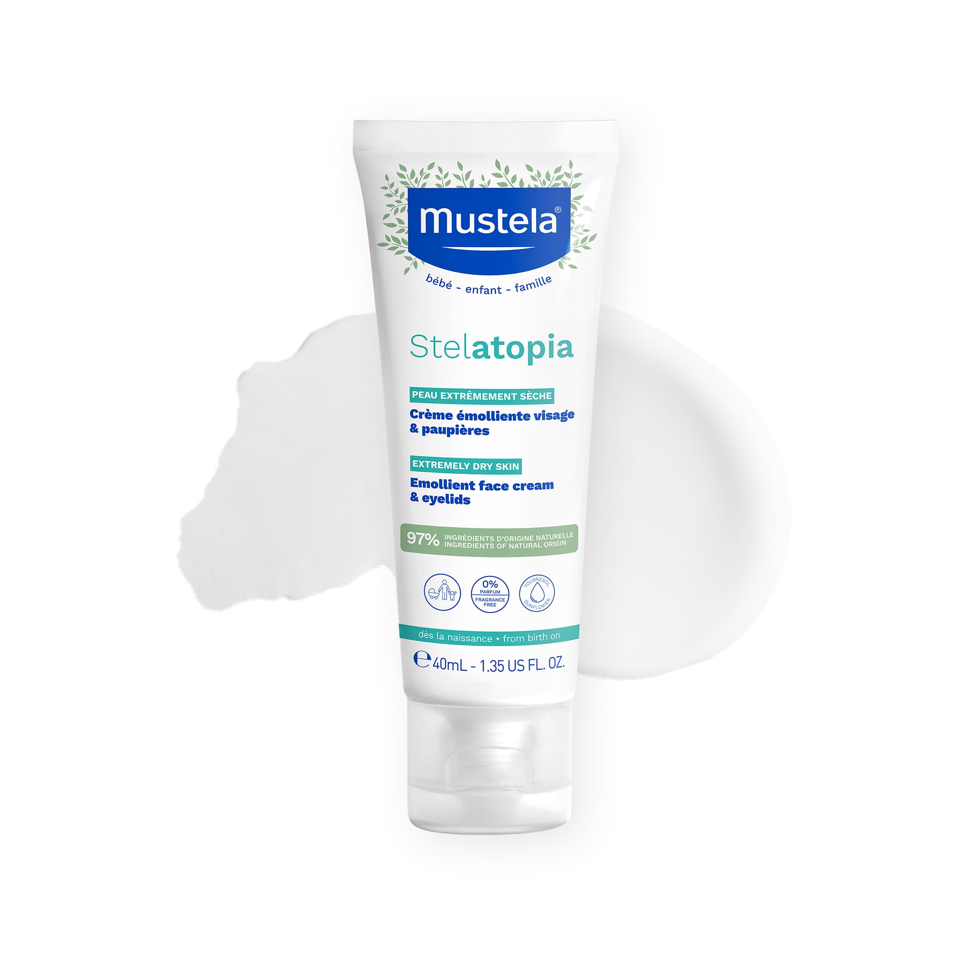 Mustela Stelatopia face cream tube for fragrance-free newborn hydration