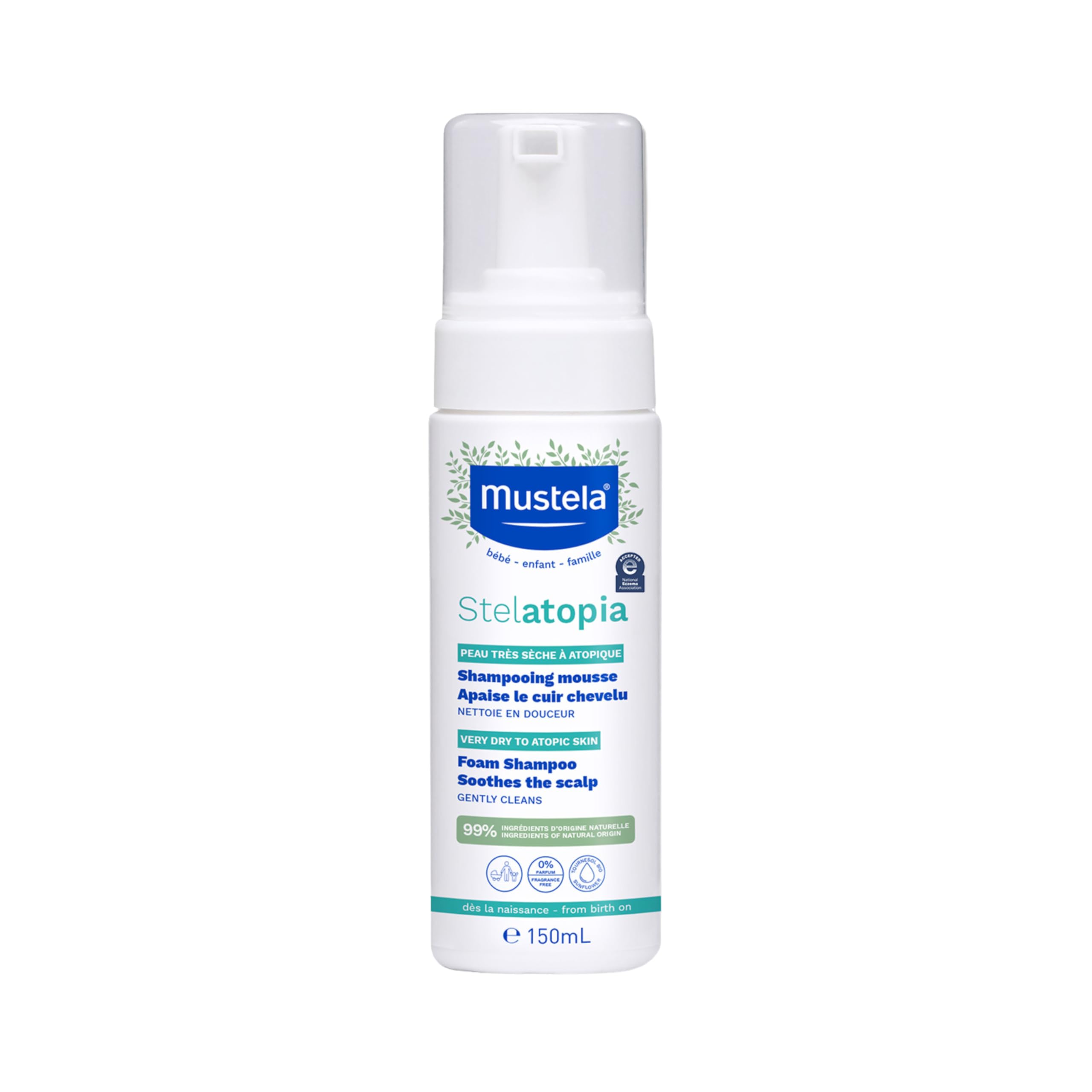 Mustela Stelatopia foam shampoo bottle front, gentle cleansing for eczema-prone skin.