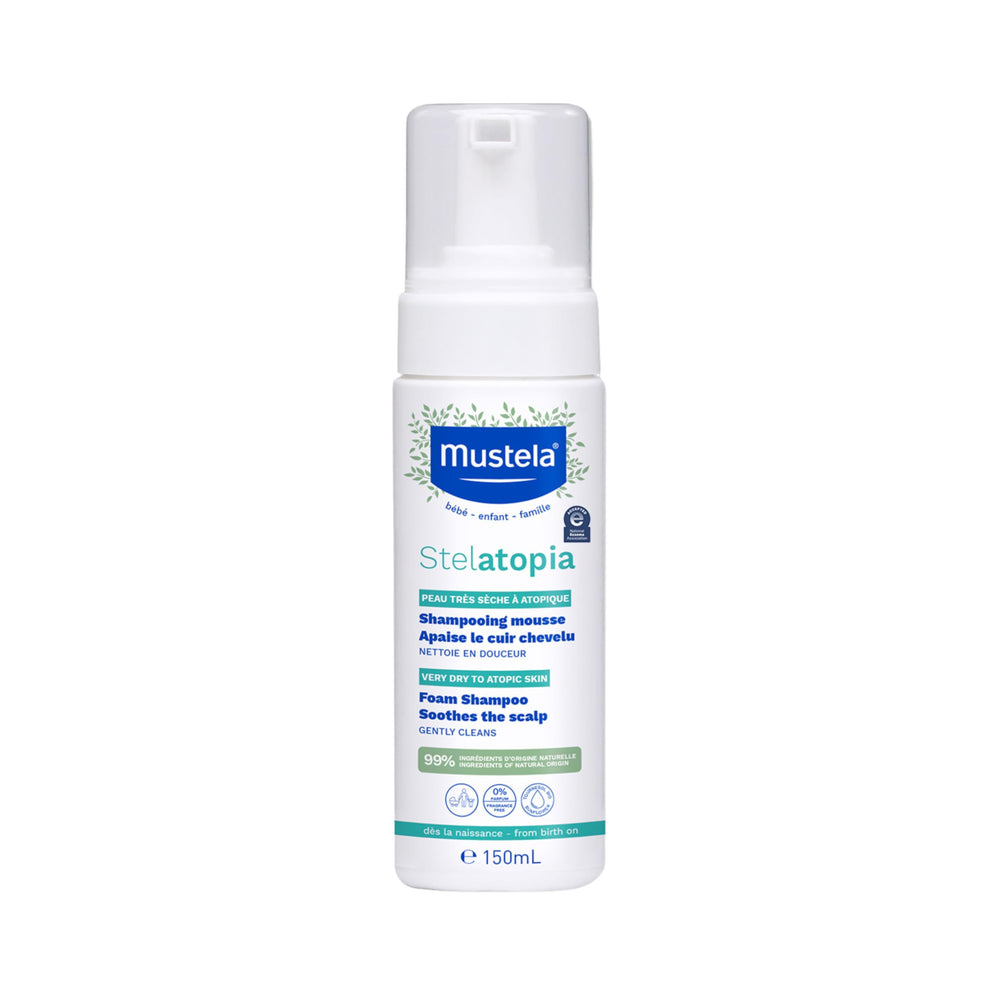 Mustela Stelatopia foam shampoo bottle front, gentle cleansing for eczema-prone skin.
