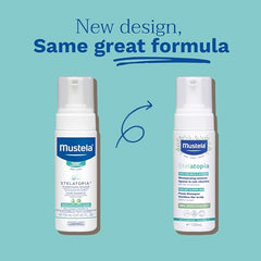 Mustela Stelatopia foam shampoo foam closeup, tear-free lather for newborn bath time.