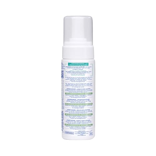 Mustela Stelatopia foam shampoo newborn bath, safe for extremely dry skin on scalp.
