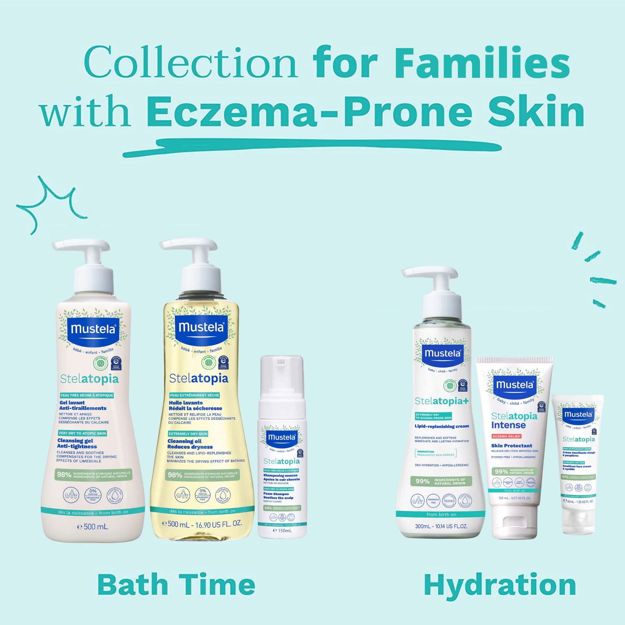 Mustela Stelatopia foam shampoo pediatric-safe badge, hypoallergenic testing.