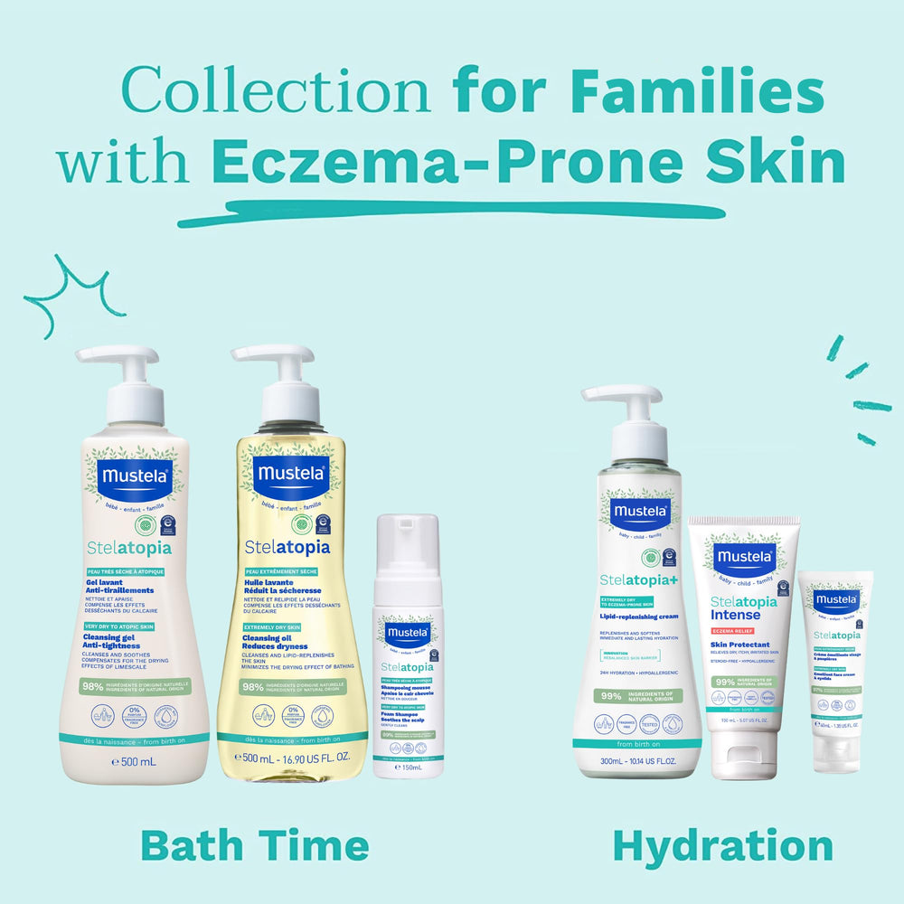 Mustela Stelatopia foam shampoo pediatric-safe badge, hypoallergenic testing.