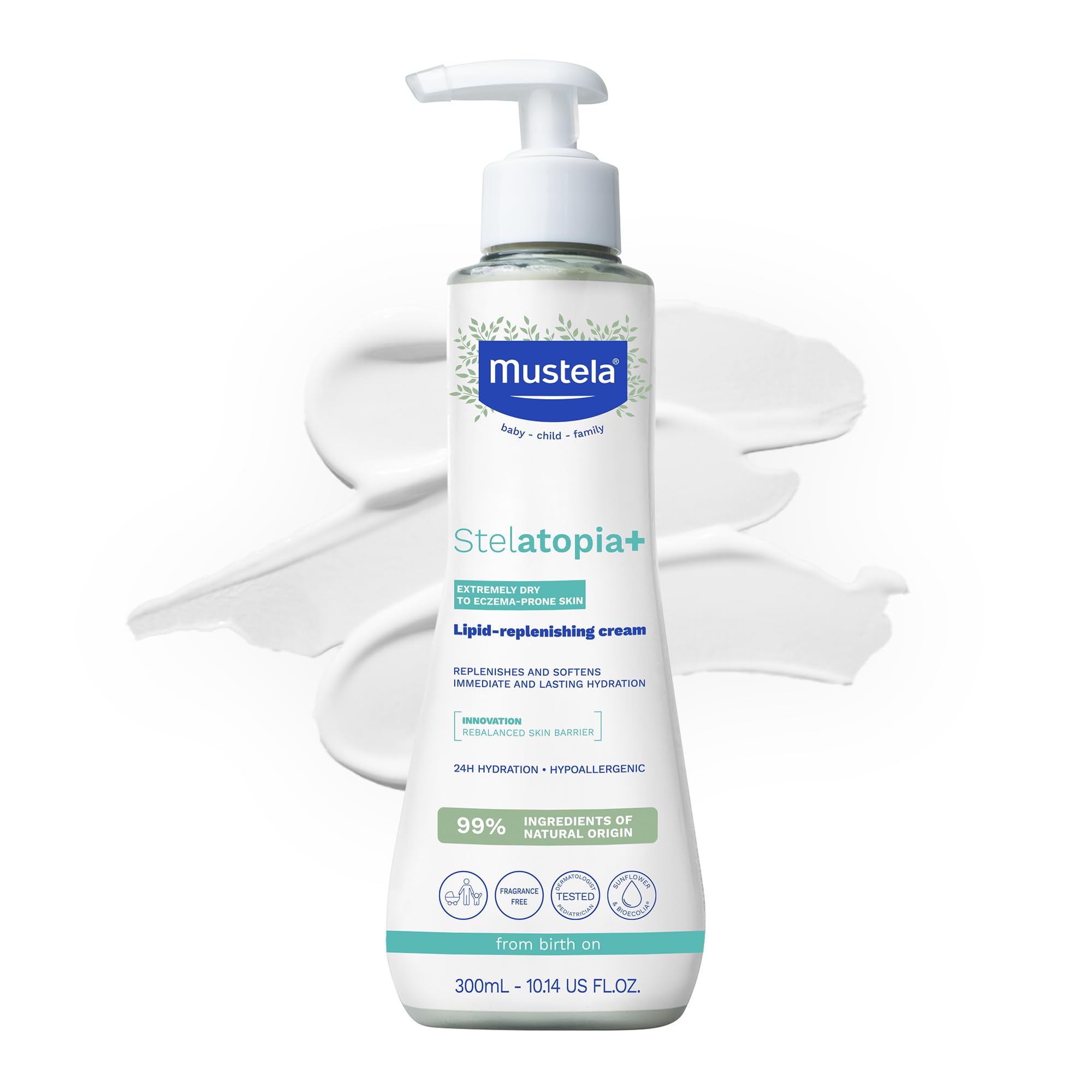 Mustela Stelatopia+ Lipid-Replenishing Cream bottle for dry eczema-prone skin.