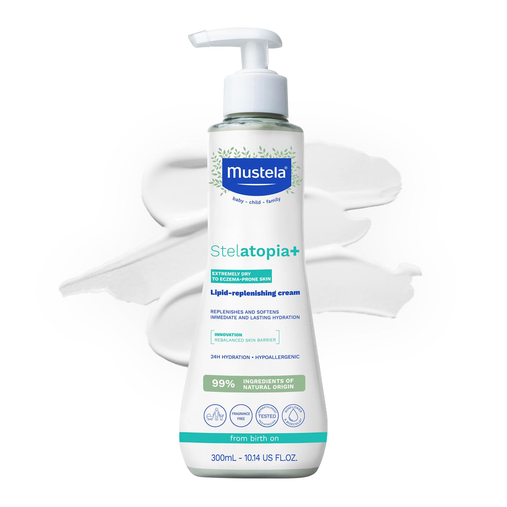 Mustela Stelatopia+ Lipid-Replenishing Cream bottle for dry eczema-prone skin.