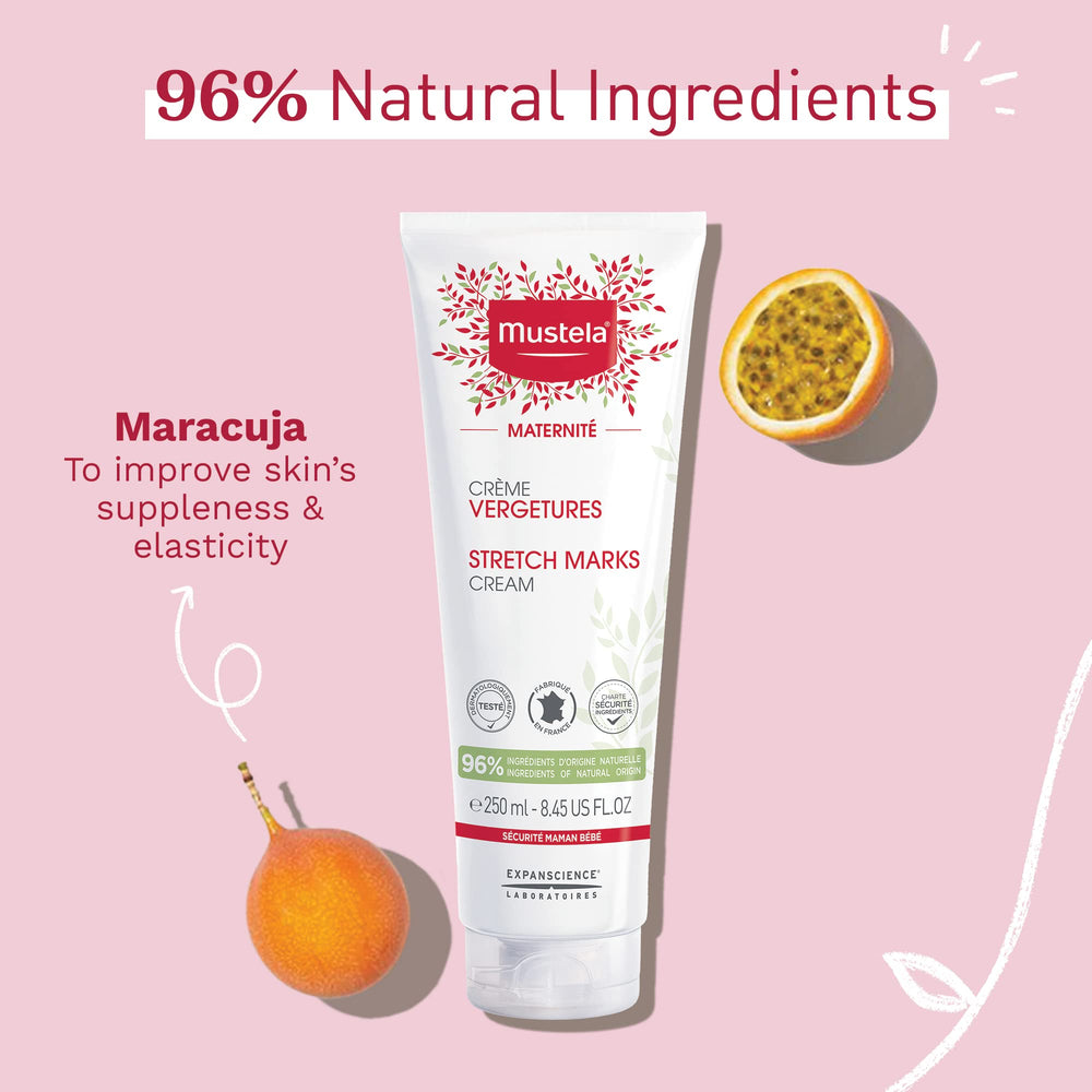 Mustela Stretch Marks Cream swatch on skin showing light texture