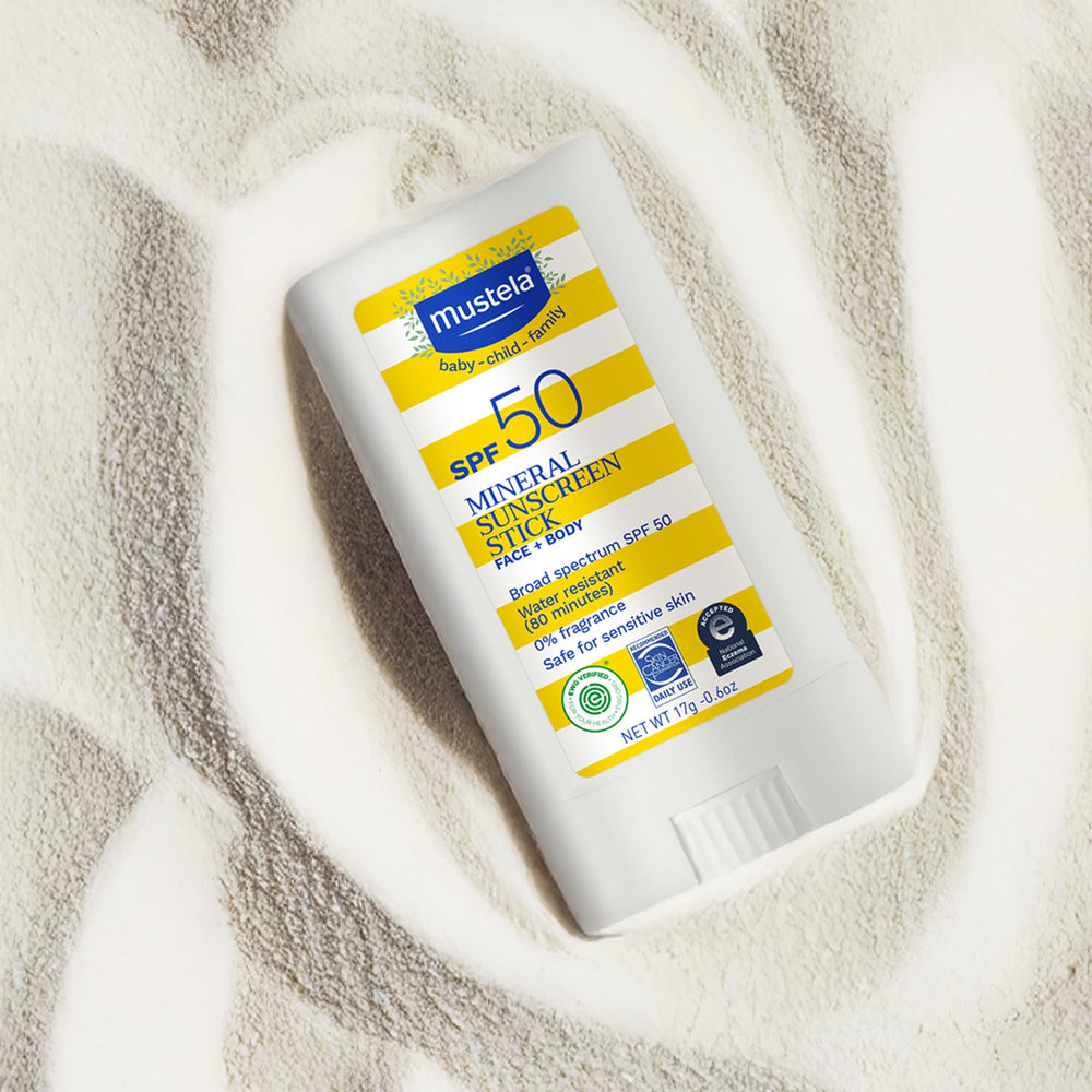 Mustela Compact packaging designed for on-the-go sunscreen application.