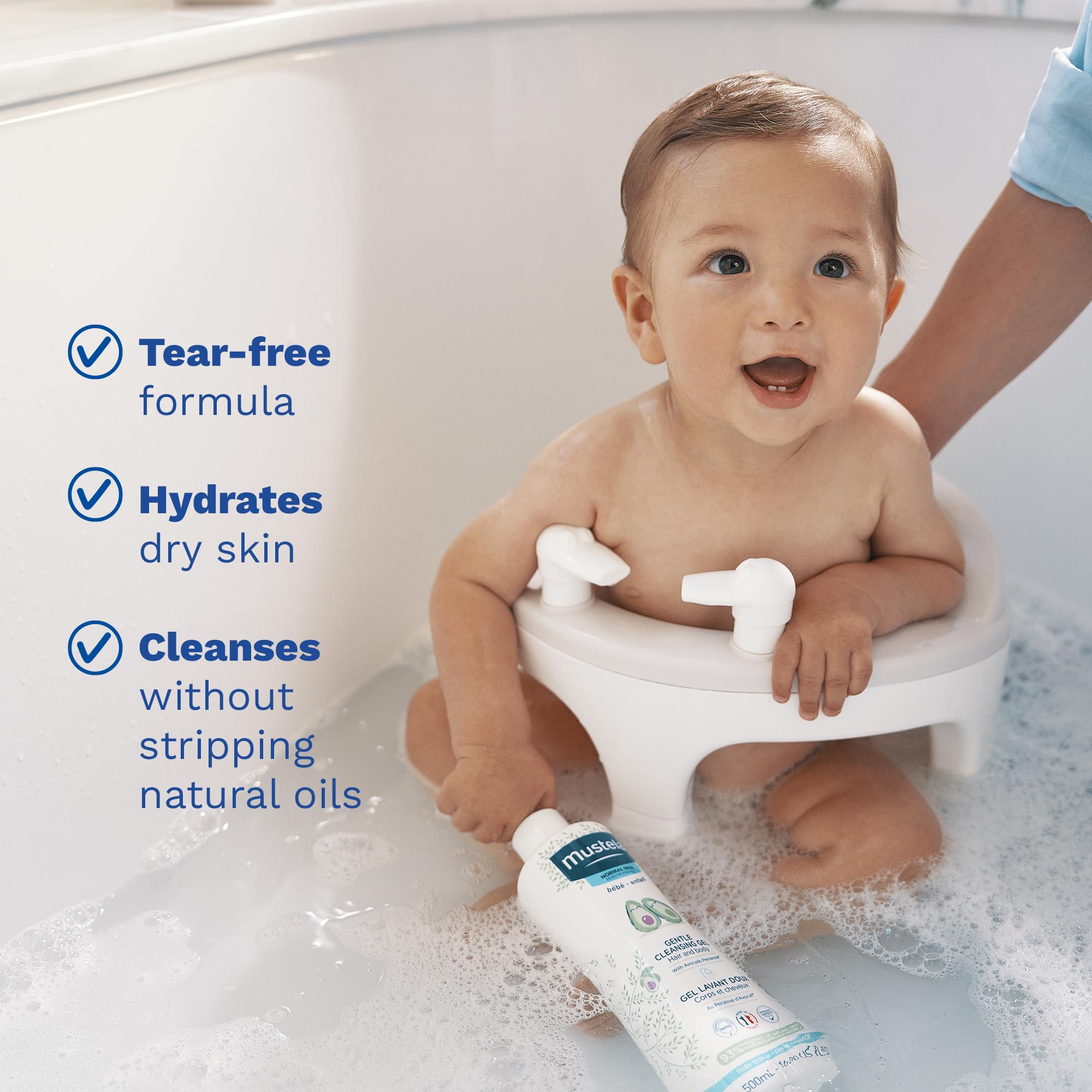 Mustela tear-free bath time in action with pump dispenser.