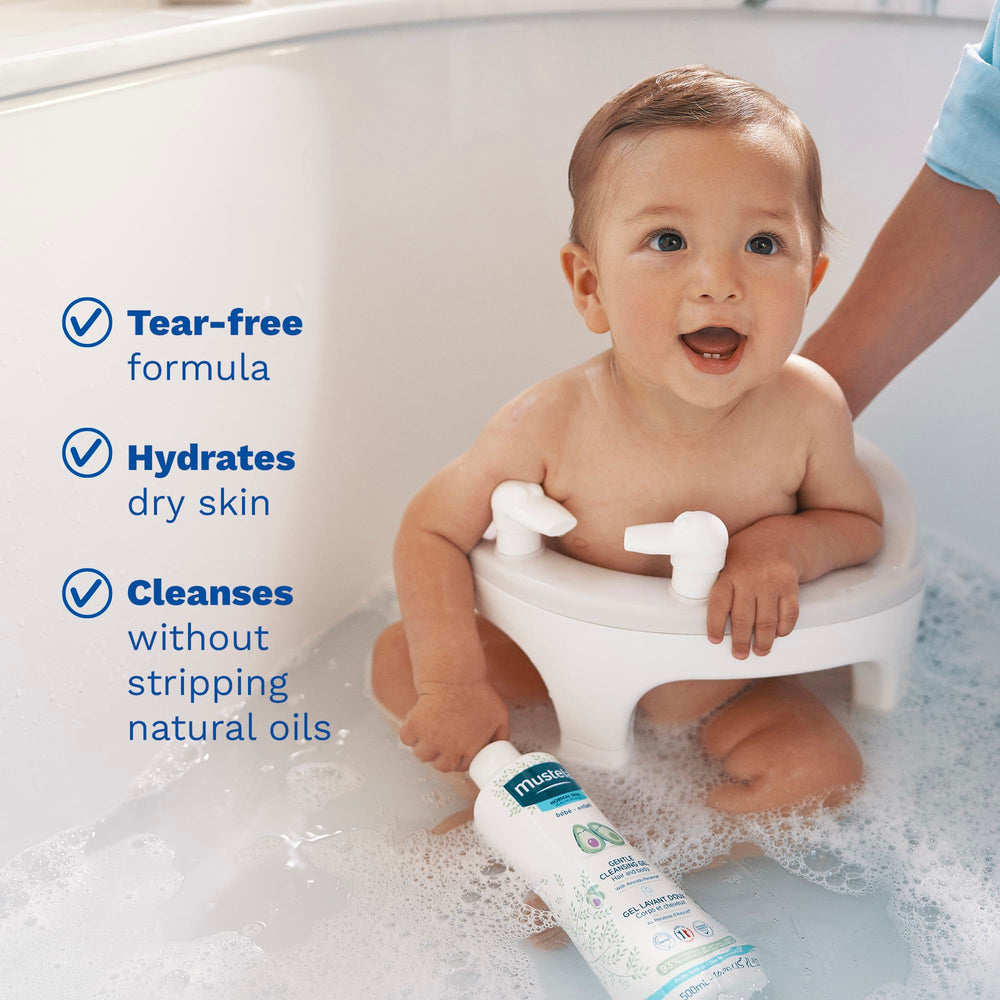 Mustela tear-free bath time in action with pump dispenser.