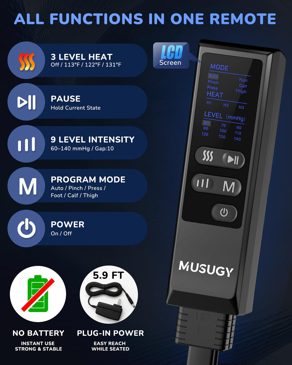 Musugy leg massager provides nine intensity levels for customization