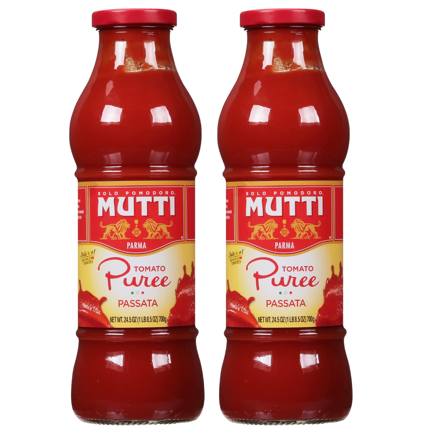 Mutti Tomato Puree jar front illustrating smooth base for sauces