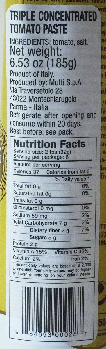 Mutti tomato paste tube showing ingredients and packaging for pure, simple flavor
