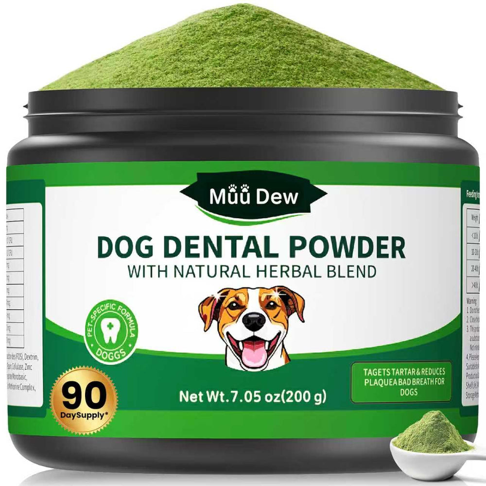 MuuDew dog teeth cleaning powder container with label showcasing the product