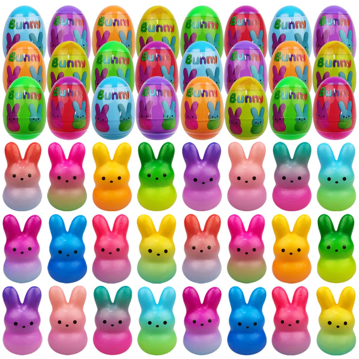 Muyiz 24-pack Easter eggs with bunny toys for joyful egg hunts.