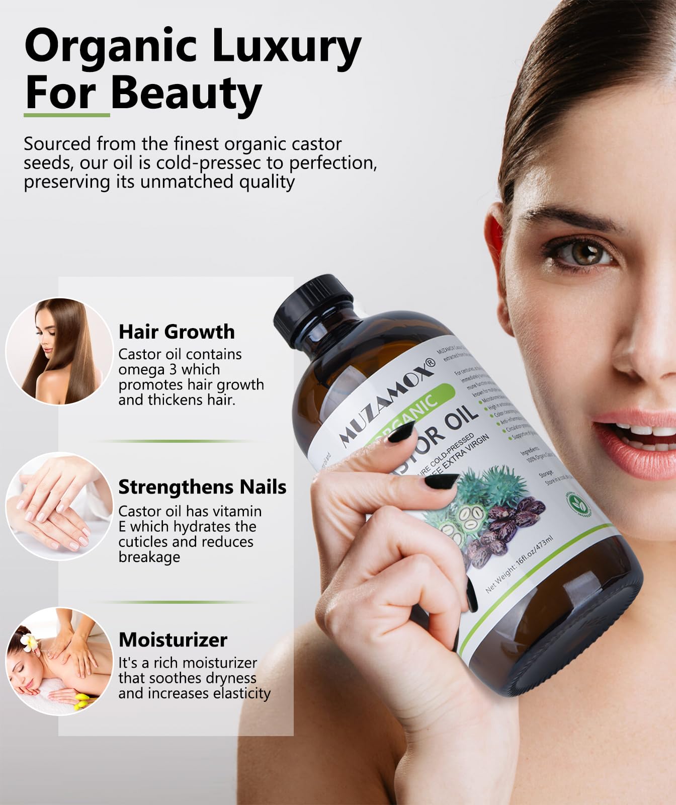 MUZAMOX organic castor oil for skin and hair care routines at home