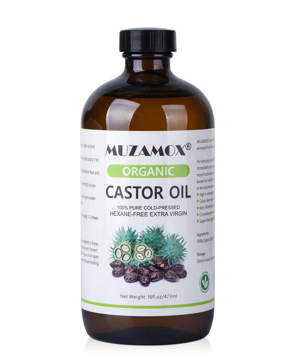 MUZAMOX castor oil in amber glass bottle for purity and smooth pouring