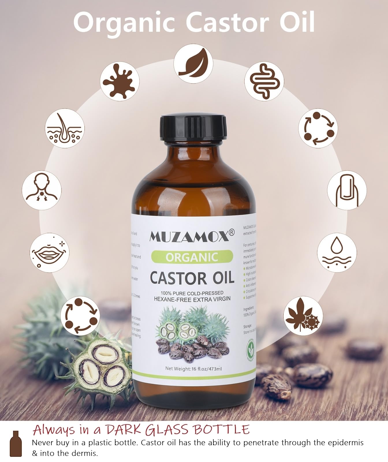 MUZAMOX organic cold pressed castor oil ready for skin and hair care routines