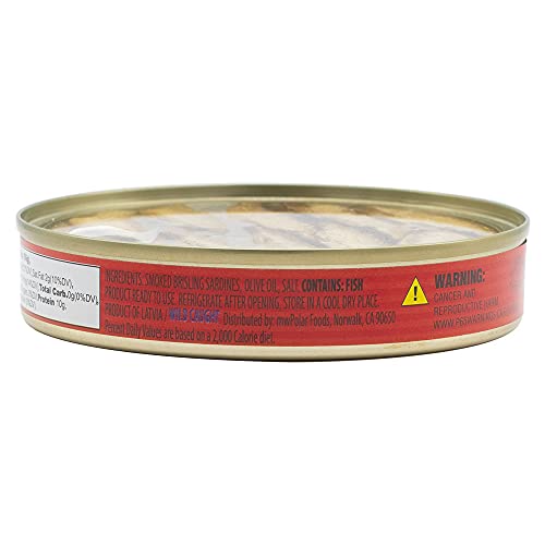 MW Polar Brisling Sardines in Olive Oil, camping-friendly small-can snack.